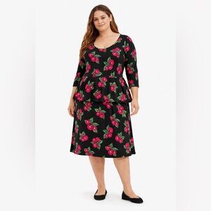 Torrid + Betsey Johnson Cherry Print
Midi Peplum Dress Size 1X Black Pink
